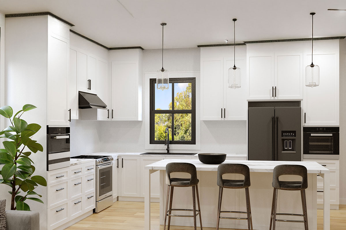 Coastal town streetscape at sunset